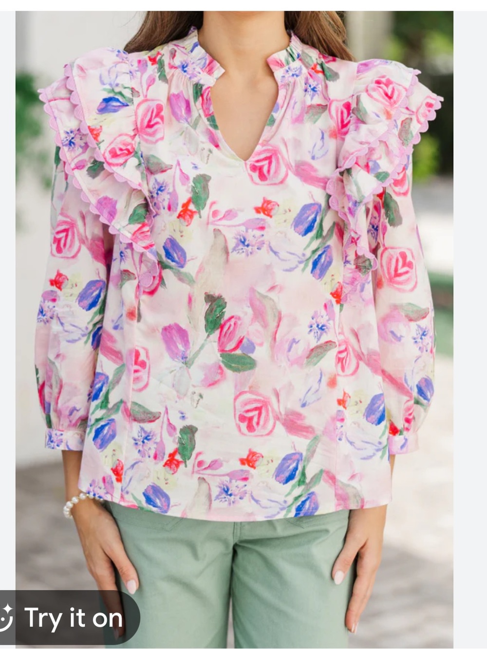 Entro Posh Pink Floral Ruffle Sleeve‎ Blouse Size Medium